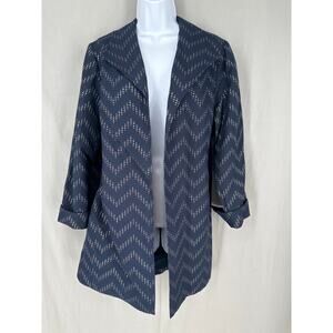 Chicos Jacket Womens Medium Navy Blue Gold Pockets Office Classic Chevron